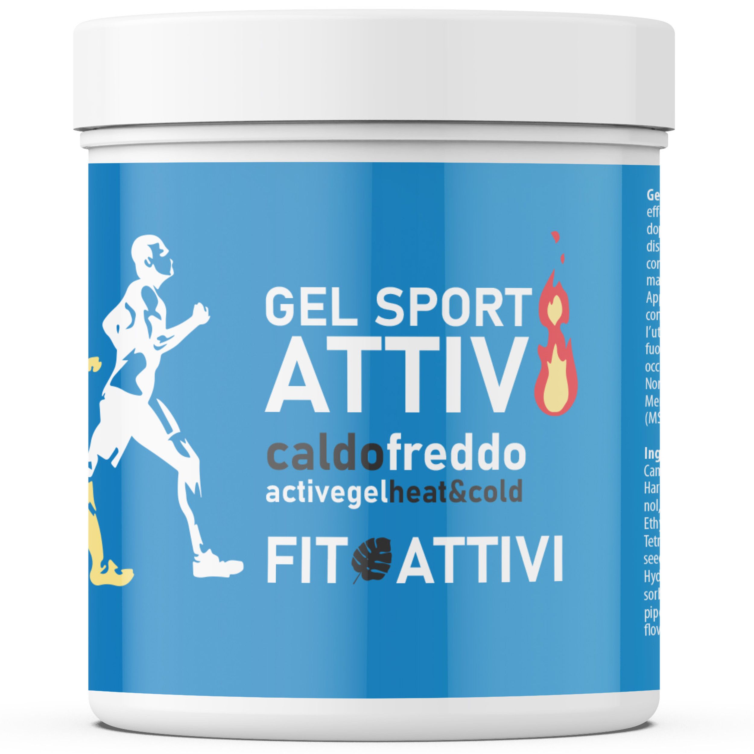 Produkt-Behälter mit Text: Gel Sport Attiv, caldo freddo, activegel heat & cold, Fit Attivi. Abbildung einer Person beim Laufen.