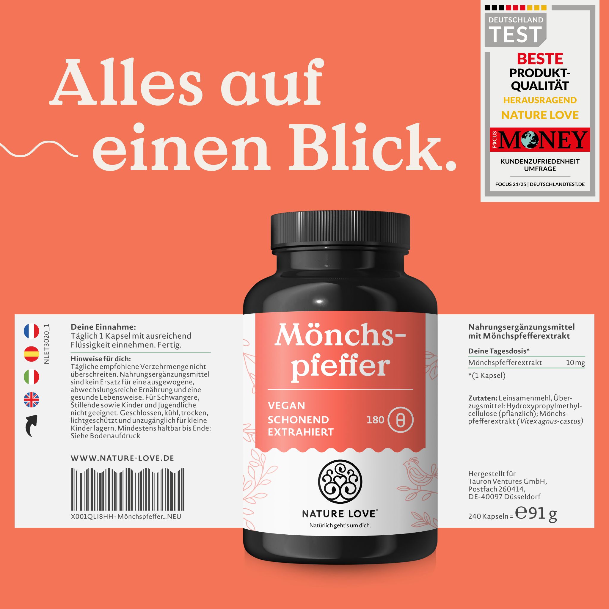 Flasche Mönchspfeffer, Etikett mit "Vegan", "Schonend extrahiert", "180" und "Beste Produkt-Qualität" Siegel.
