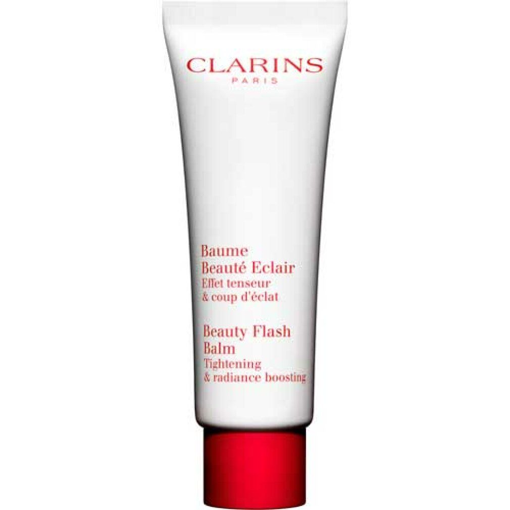 Weißer Tiegel mit rotem Deckel. Aufschrift: Clarins, Baume Beauté Eclair, Beauty Flash Balm.