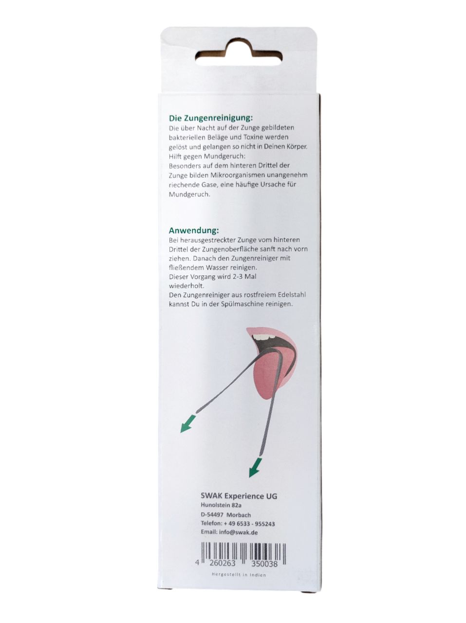 Rückseite der Verpackung. Text über Zungenreinigung und Anwendung. Illustration.