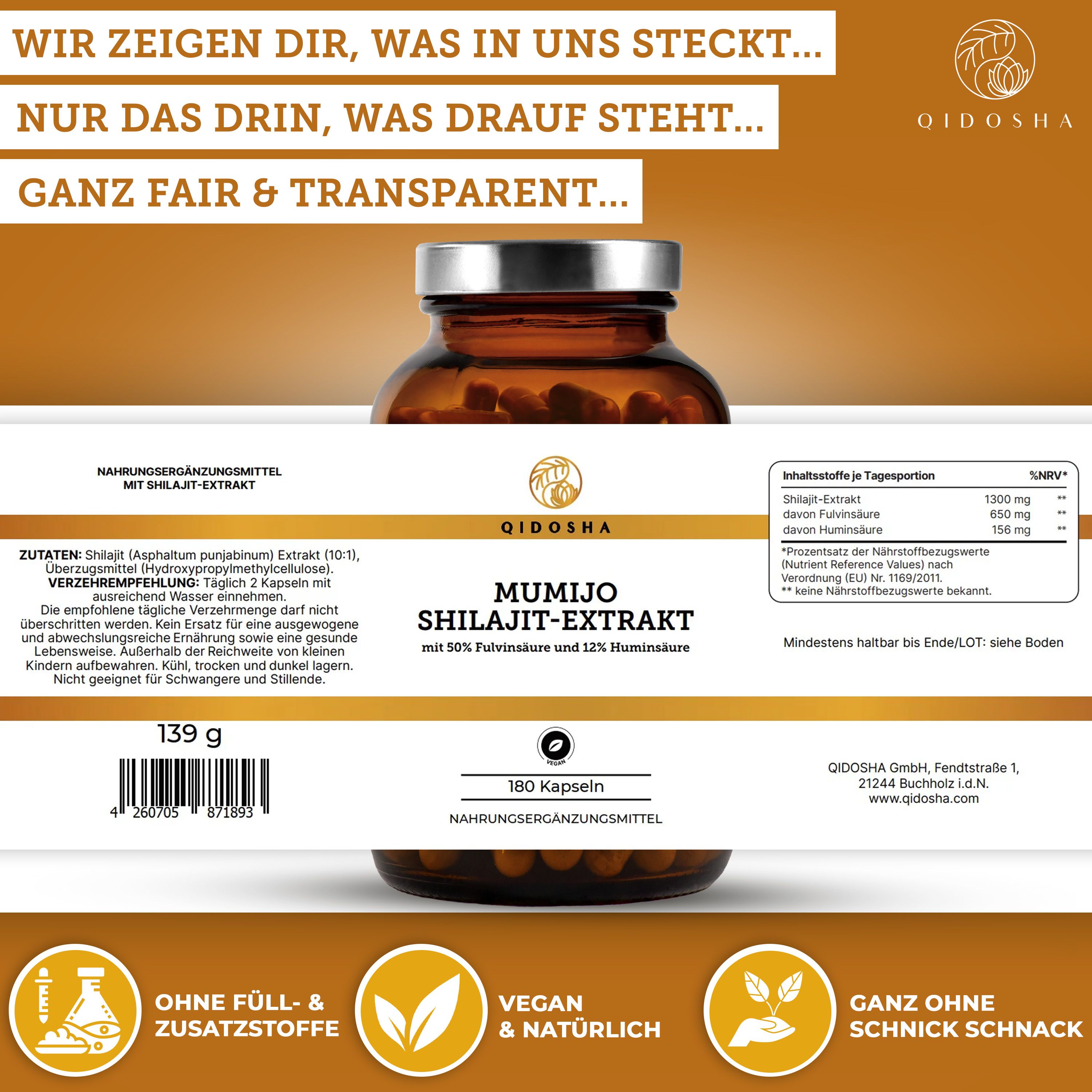 Produktabbildung mit Text. Aufschrift: QIDOSHA Mumijo Shilajit Extrakt, 180 Kapseln, vegan.