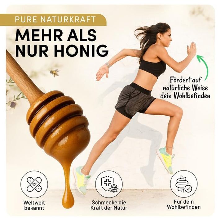 Läuferin mit Honiglöffel. Text: Mehr als nur Honig. Fördert Wohlbefinden. Symbole: weltweit bekannt, schmeckt nach Natur, für Wohlbefinden.
