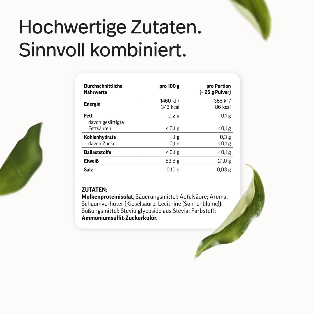 Nährwerttabelle für Molkenprotein-Isolat mit Zutatenliste. "Hochwertige Zutaten. Sinnvoll kombiniert."