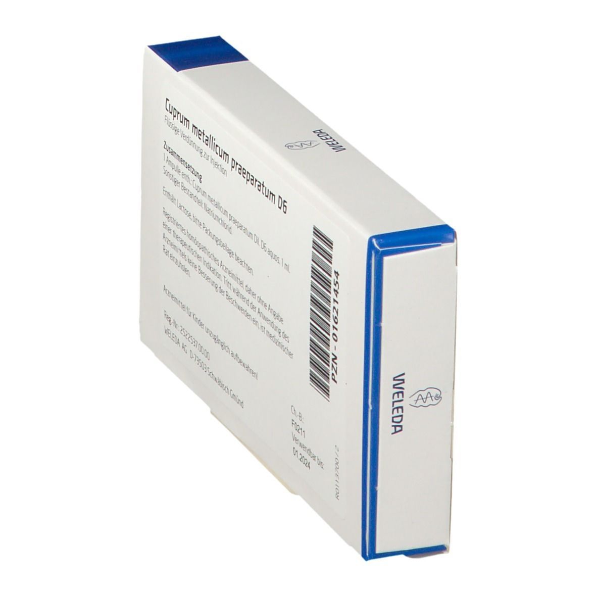 Weleda Cuprum metallicum praeparatum D6, Schachtelrückseite. Weiße Verpackung mit Barcode, Text und Logo.