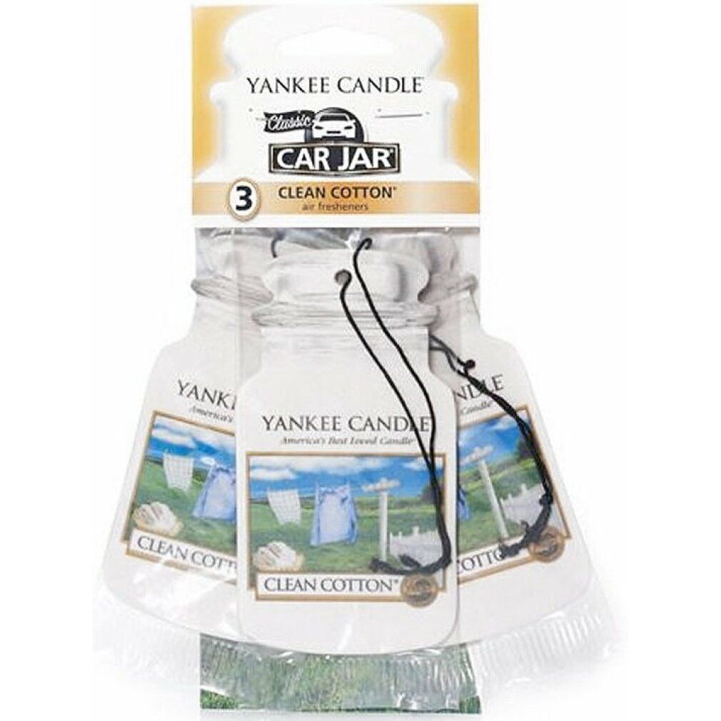 Drei Yankee Candle Lufterfrischer im Set. Aufschrift: Clean Cotton. Verpackung mit Aufhängung.