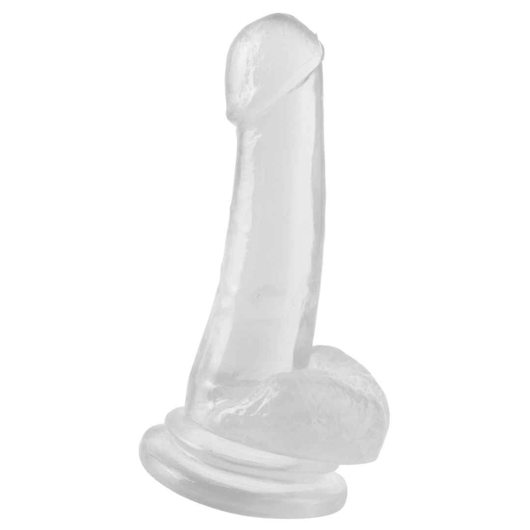 Transparenter Dildo mit Saugfuß. Detailgetreue Formgebung. Auf weißem Hintergrund.