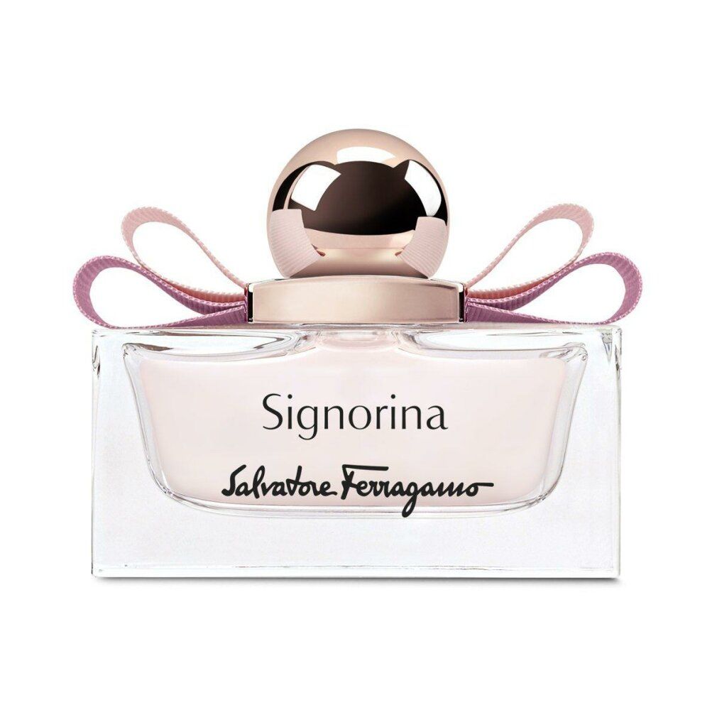 Signorina Eau de Parfum Spray. Rechteckiger Glasflakon mit rosa Flüssigkeit, rosa Schleife und goldfarbenem Verschluss. Salvatore Ferragamo.