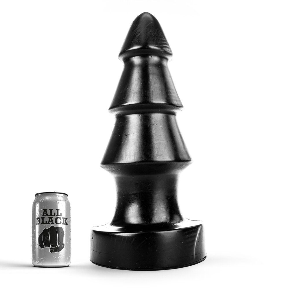 Schwarzer Buttplug in Tannenbaumform. Neben einer Dose mit dem Logo "ALL BLACK".