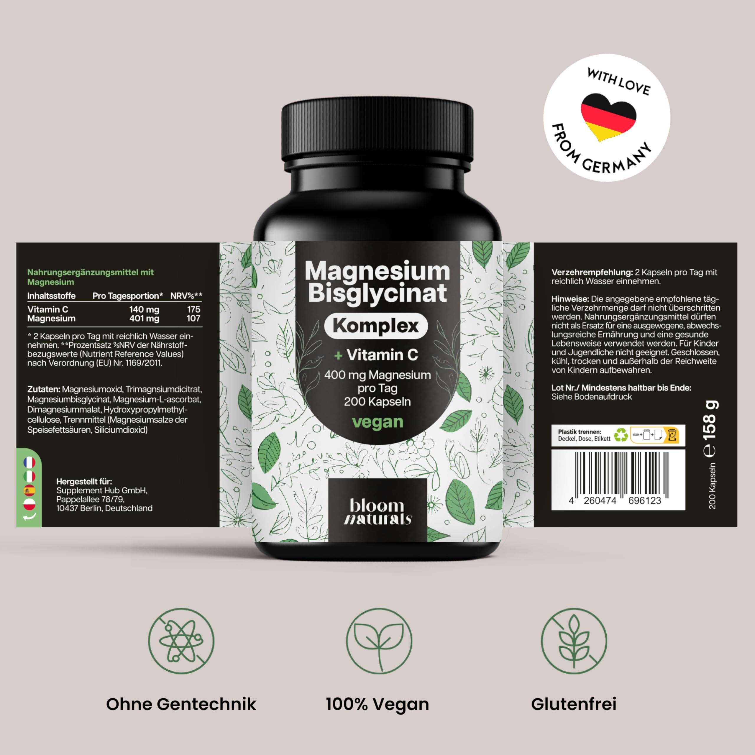 Flasche Bloom Naturals Magnesium Bisglycinat Komplex mit detaillierten Etiketten und Siegeln für "Ohne Gentechnik", "100% Vegan", "Glutenfrei".