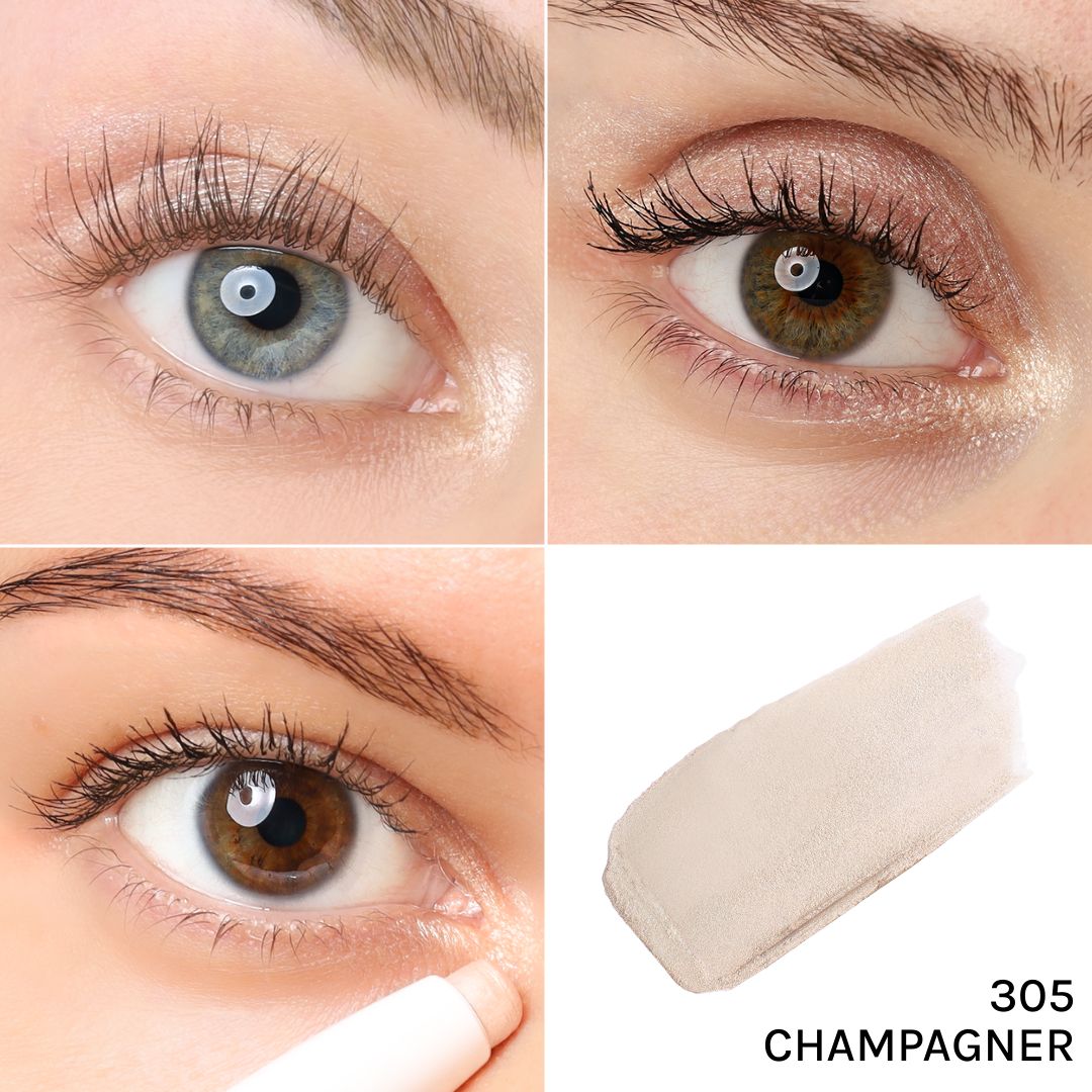 Drei Augen mit Lidschatten. Ein Stift mit Lidschatten-Farbe. Aufschrift: 305 Champagner.