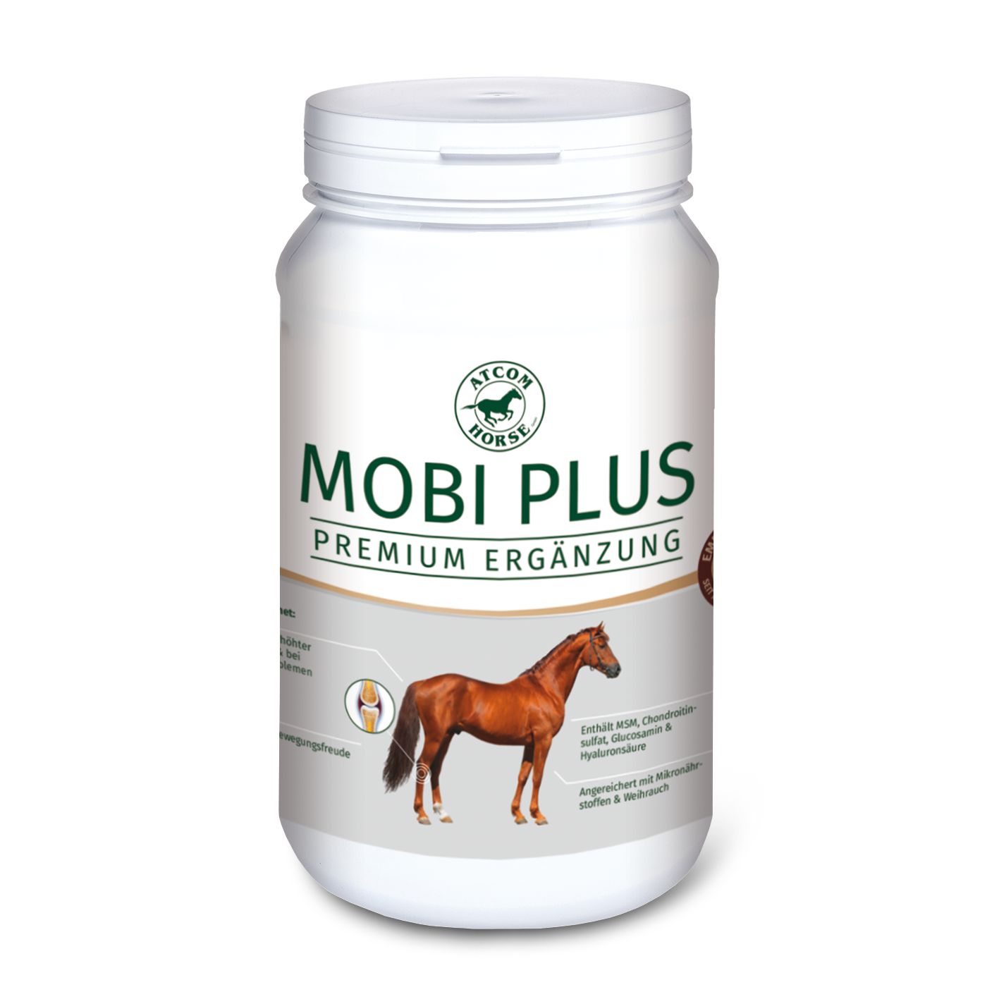 Weiße Dose mit "ATCOM HORSE MOBI PLUS". Abbildung eines Pferdes. Text: Premium Ergänzung. Enthält MSM, Glucosamin & Hyaluronsäure.