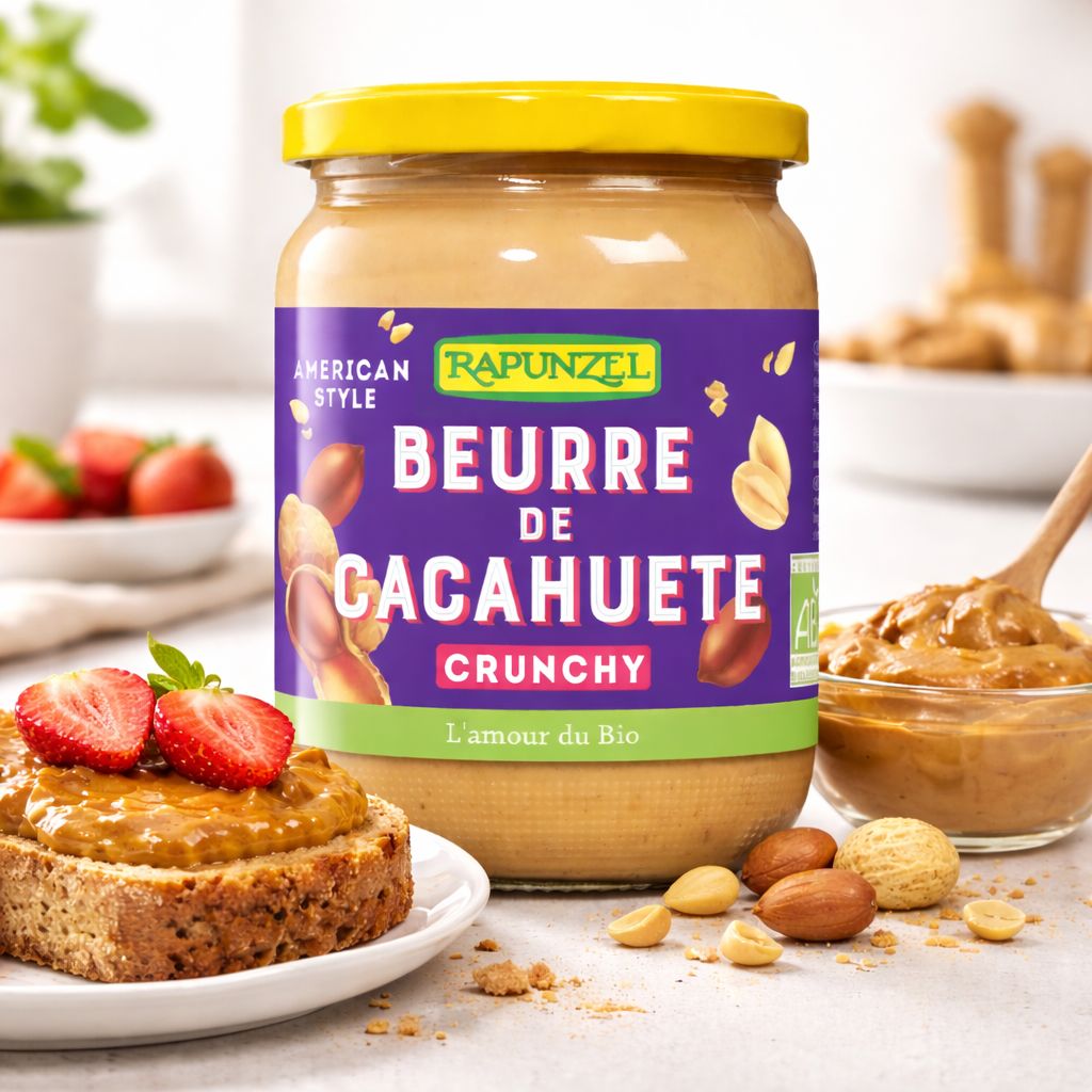 Rapunzel Erdnussbutter Crunchy im Glas. Amerikanischer Stil, Bio-zertifiziert.