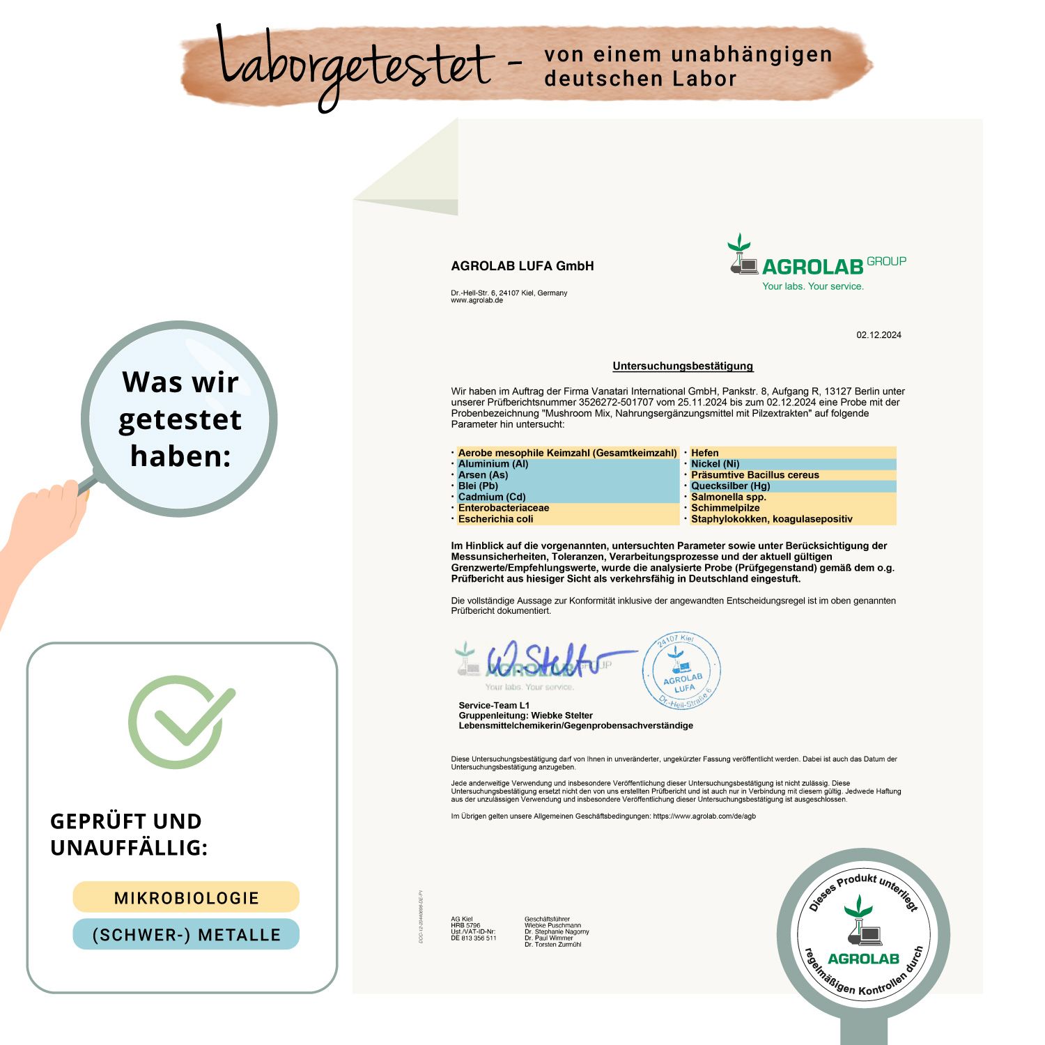 Zertifizierungsdokument von Agrolab. Bestätigung der Analyse von Schwermetallen und Mikrobiologie. Geprüft und unauffällig.