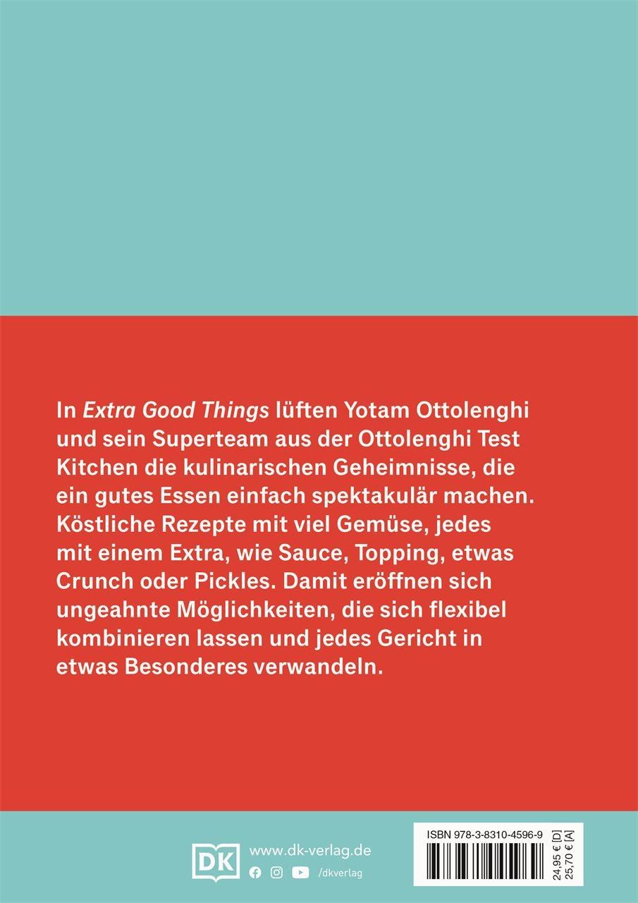 Buchrückseite: Text über Ottolenghi Test Kitchen - Extra Good Things. Roter Hintergrund, weißer Text. ISBN-Code.