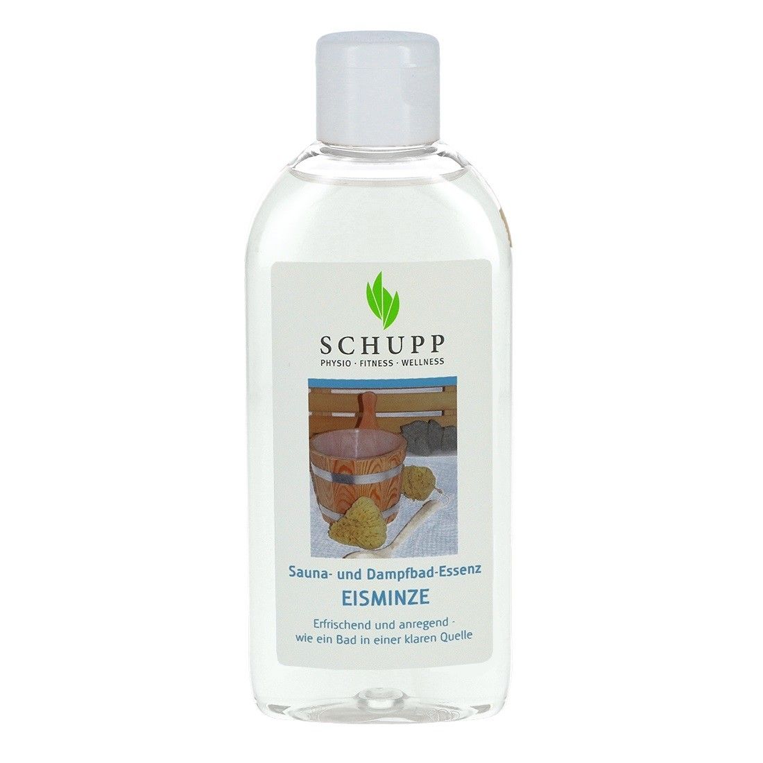 Klare Flasche mit weißem Deckel. Etikett mit Logo, Sauna- und Dampfbad-Essenz Eisminze. Text: Erfrischend und anregend wie ein Bad in einer klaren Quelle.