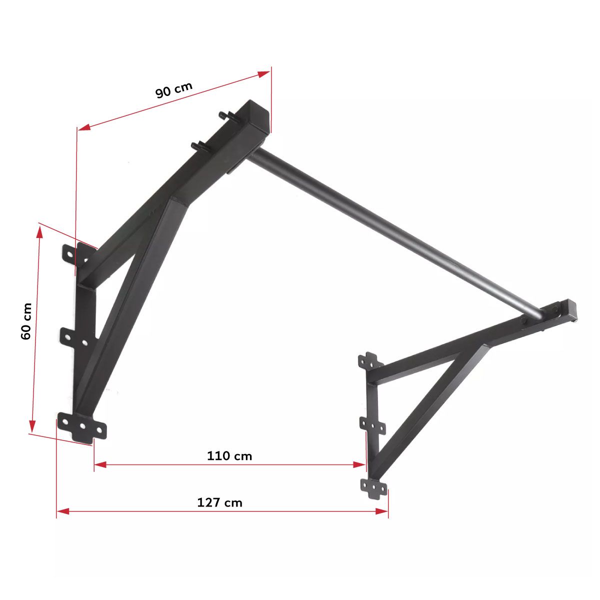 Schwarze Klimmzugstange mit Maßangaben: 110cm Breite, 60cm Höhe, 127cm und 90cm. Metallkonstruktion mit Wandhalterungen.