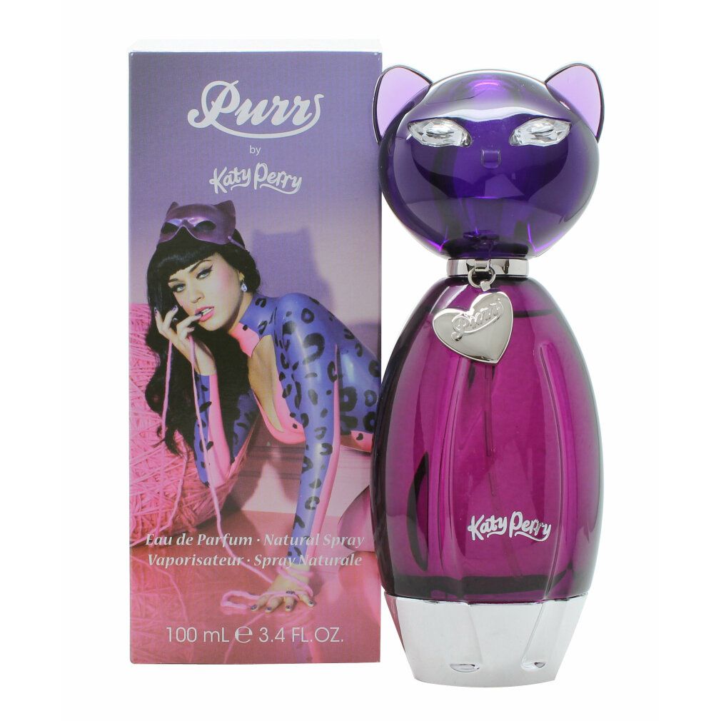 Lila Flakon in Katzenform neben einer Verpackung mit Katy Perry. Aufschrift "Purr by Katy Perry".
