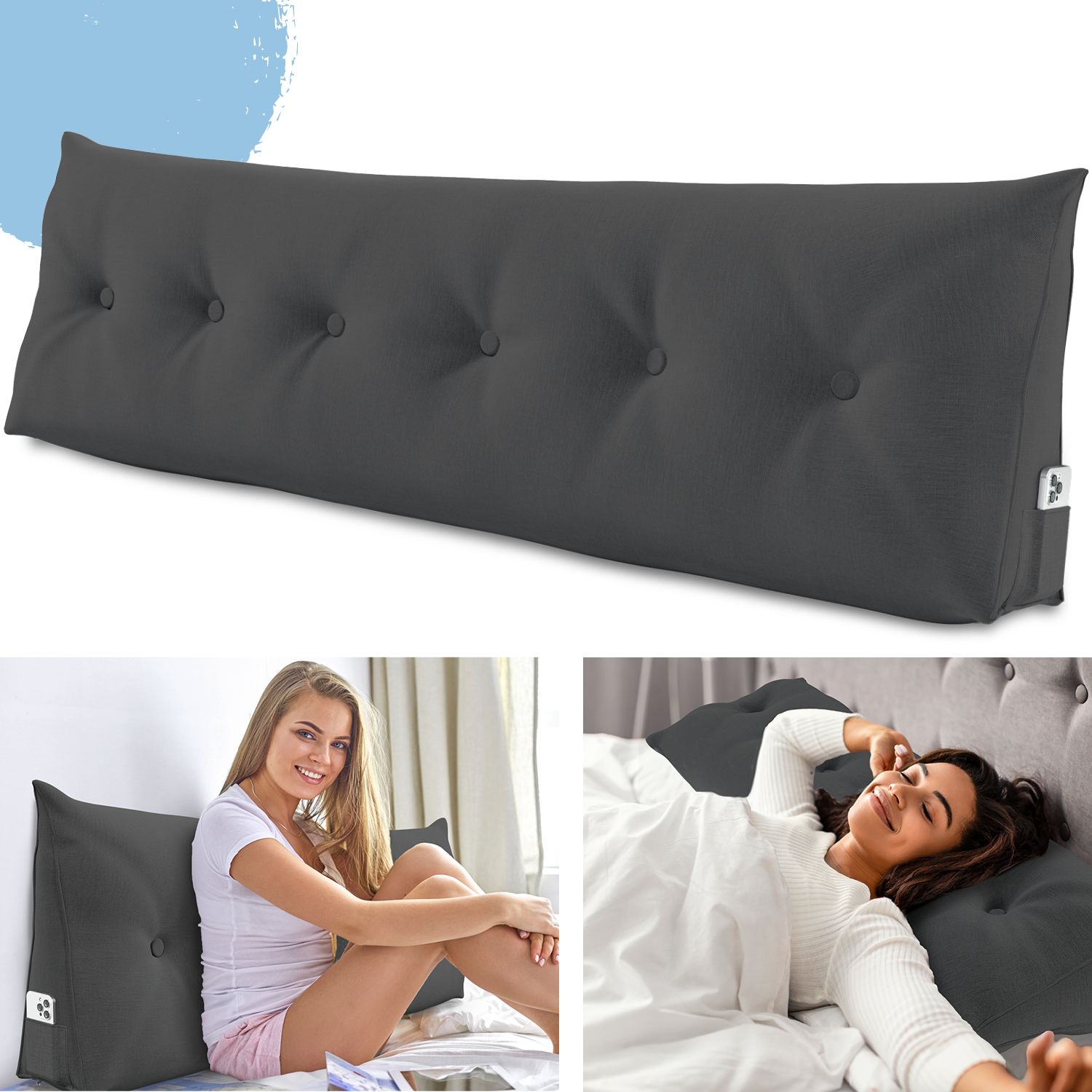 Graues Keilkissen mit Knöpfen. Frau sitzt auf dem Bett, Kissen im Hintergrund. Kleines Label am Kissen.