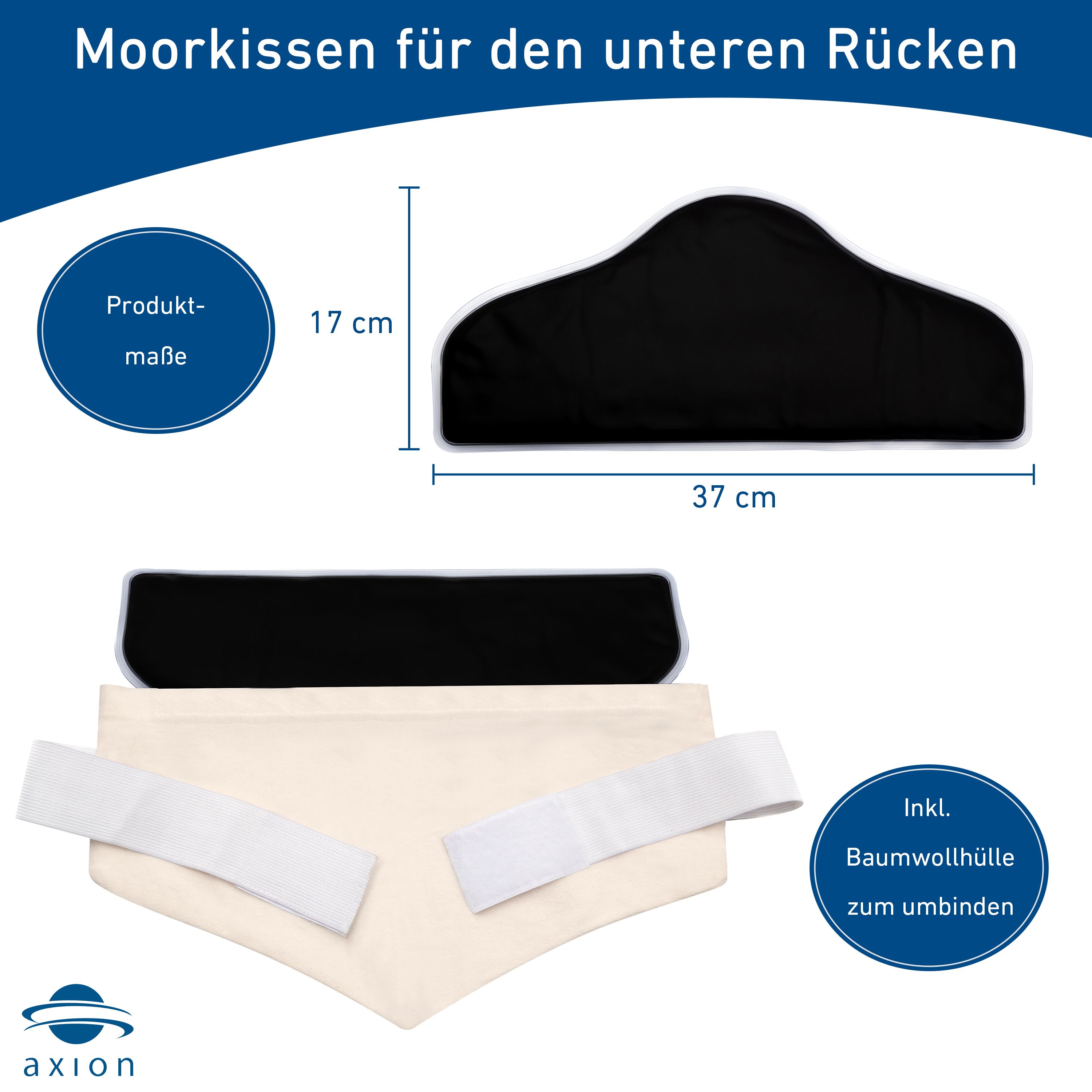 Lendenwirbel-Wärmekissen mit Naturmoor-Füllung. Schwarzes Kissen, Baumwollhülle, weiße Bänder. Maße: 37x17 cm.