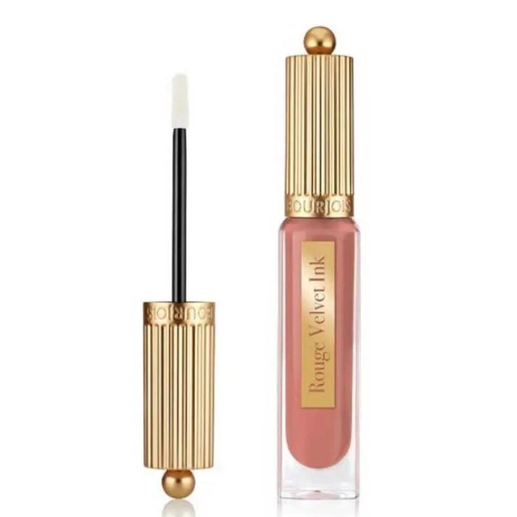 Lippenstift mit goldfarbener Kappe und Applikator. Produktname: Rouge Velvet Ink. Farbe: Beige.