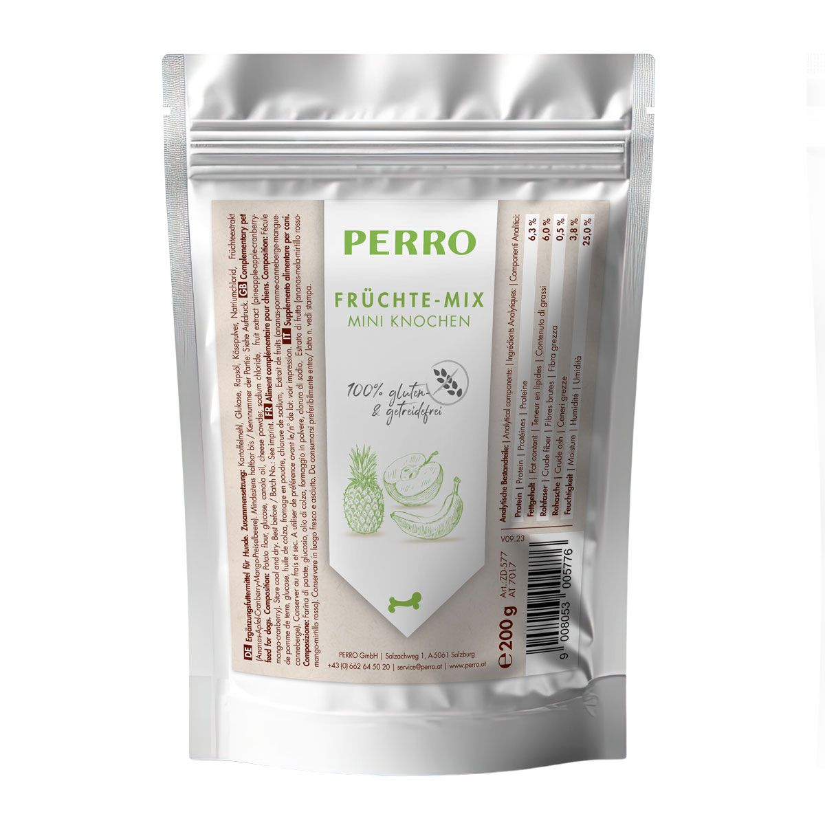 PERRO Früchte-Mix Mini Knochen. Vegetarischer Hundesnack in Beutelverpackung. Enthält 100% glutenfreie Zutaten. 200g.