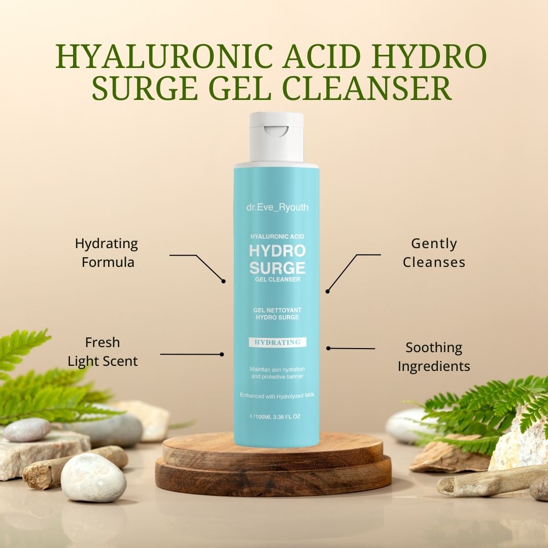Hellblaue Flasche auf Holzpodest. Beschriftung: HYALURONIC ACID HYDRO SURGE GEL CLEANSER. Marke: dr.Eve_Ryouth. Mit Pflanzen.