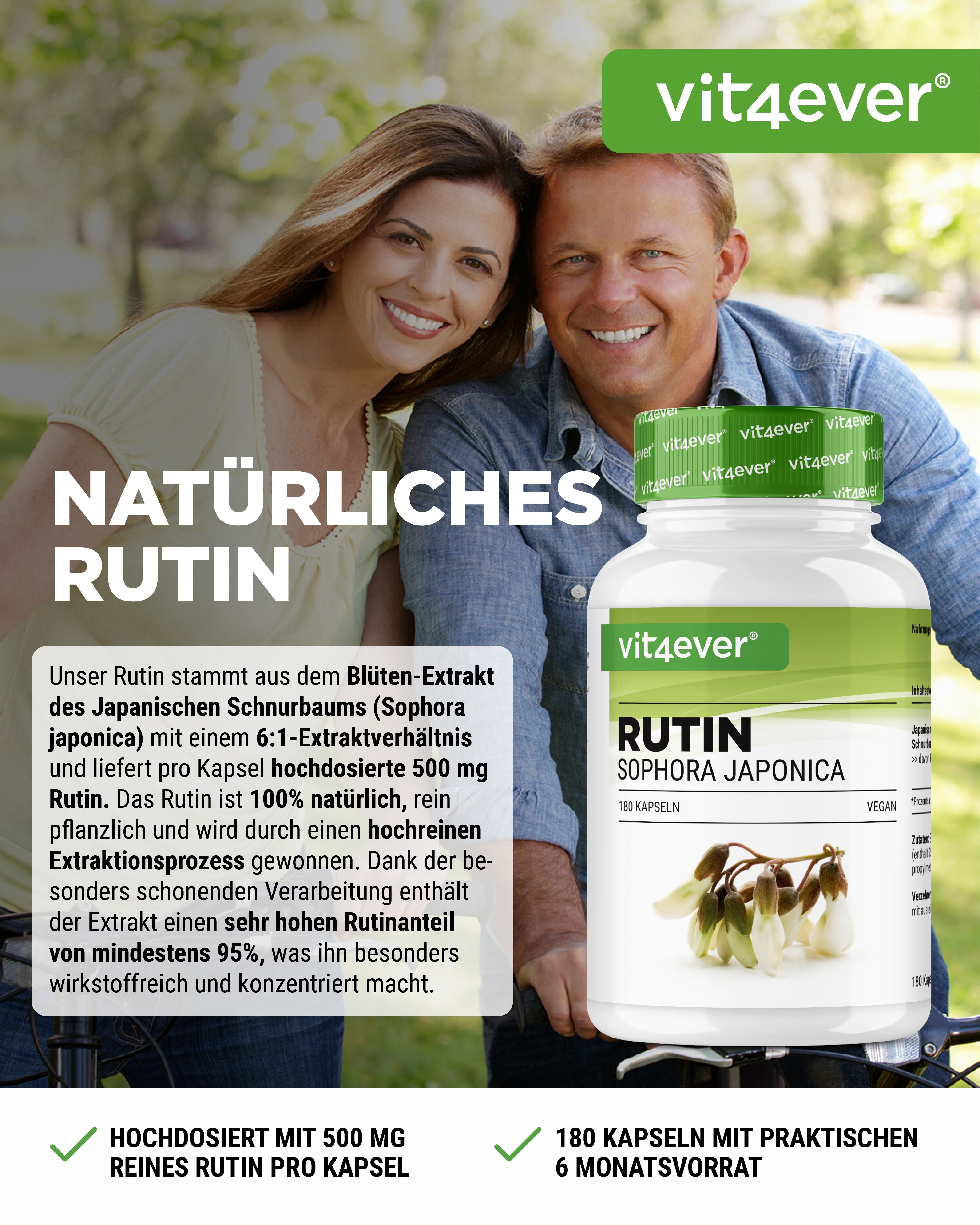 Paar vor Flasche mit Rutin-Kapseln. Aufschrift: Natürliches Rutin, vit4ever. Text über Extrakt aus Sophora Japonica. 180 Kapseln.