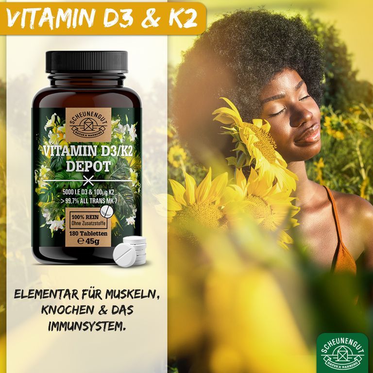 Flasche Scheunengut Vitamin D3/K2 Depot neben einer Frau mit Sonnenblumen. 180 Tabletten.