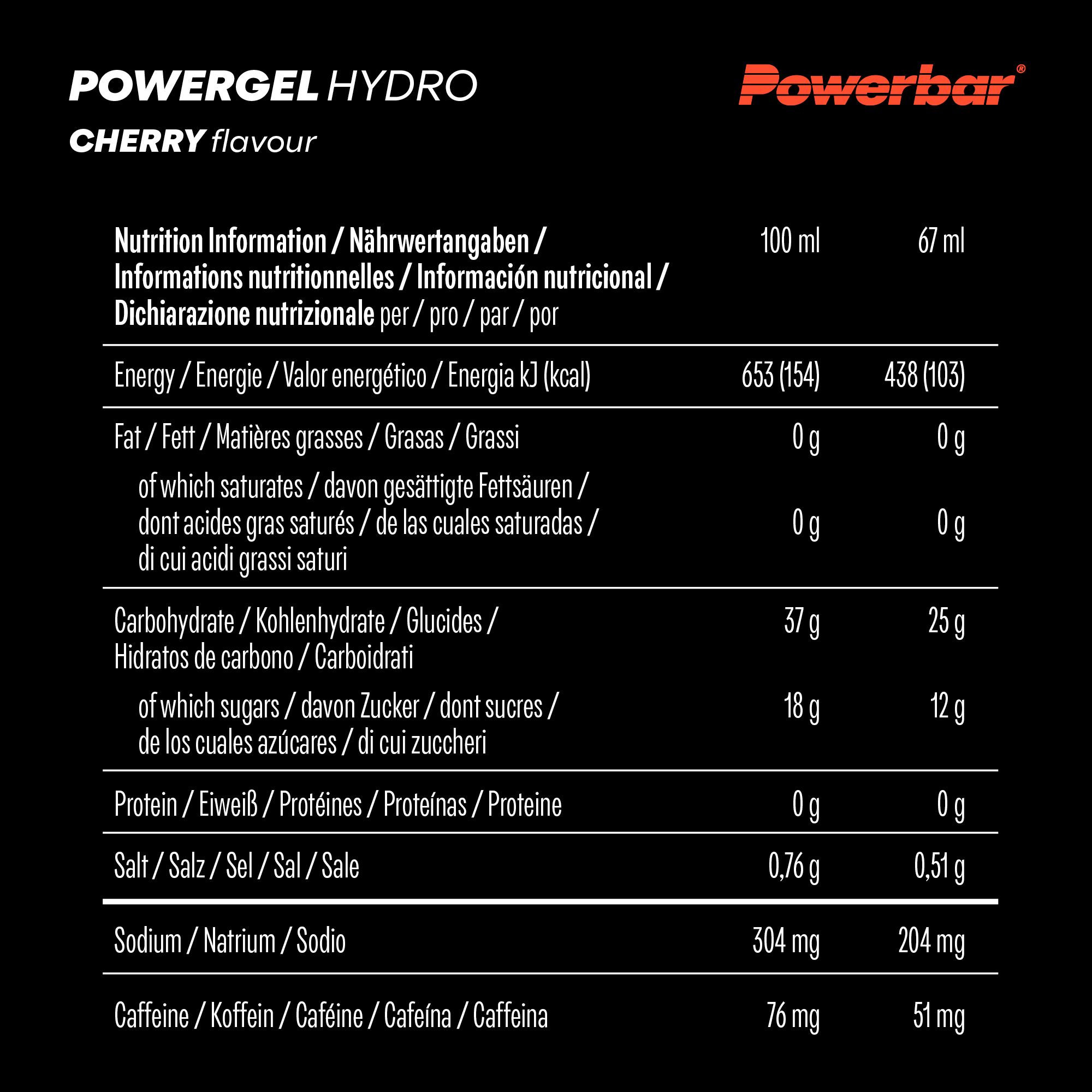 Nährwerttabelle für PowerBar PowerGel Hydro Cherry. Informationen zu Energie, Fett, Kohlenhydraten, Protein, Salz und Koffein.