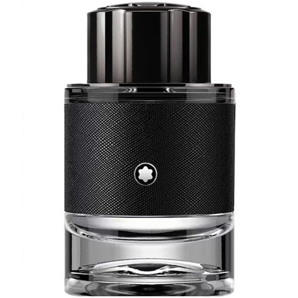 Montblanc Explorer Eau de Parfum Flakon. Schwarzer Flakon, silberner Deckel. Montblanc-Logo. Klarer Glasboden. Nahaufnahme.