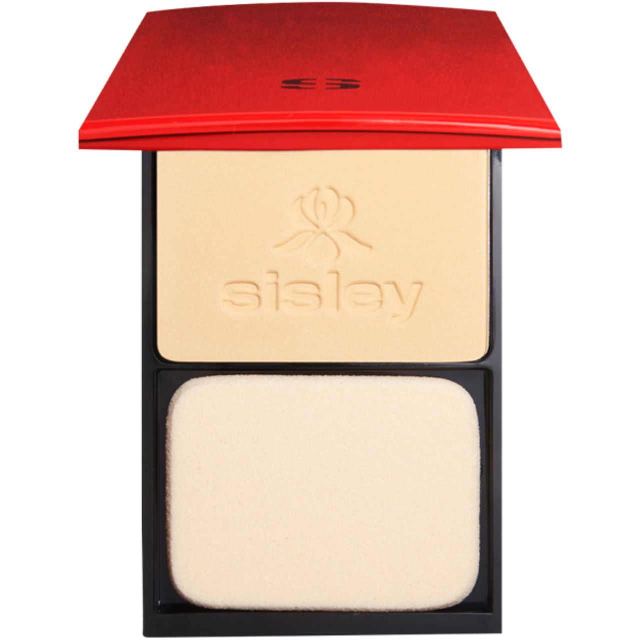 Kompaktpuder mit Spiegel und Applikator. Roter Deckel mit Sisley-Logo. Puder in beiger Farbe.