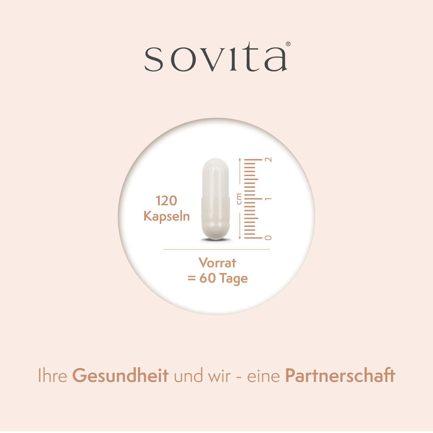 Eine einzelne Kapsel mit Maßangaben. Text: 120 Kapseln, Vorrat = 60 Tage. Sovita Logo. Ihre Gesundheit und wir - eine Partnerschaft.