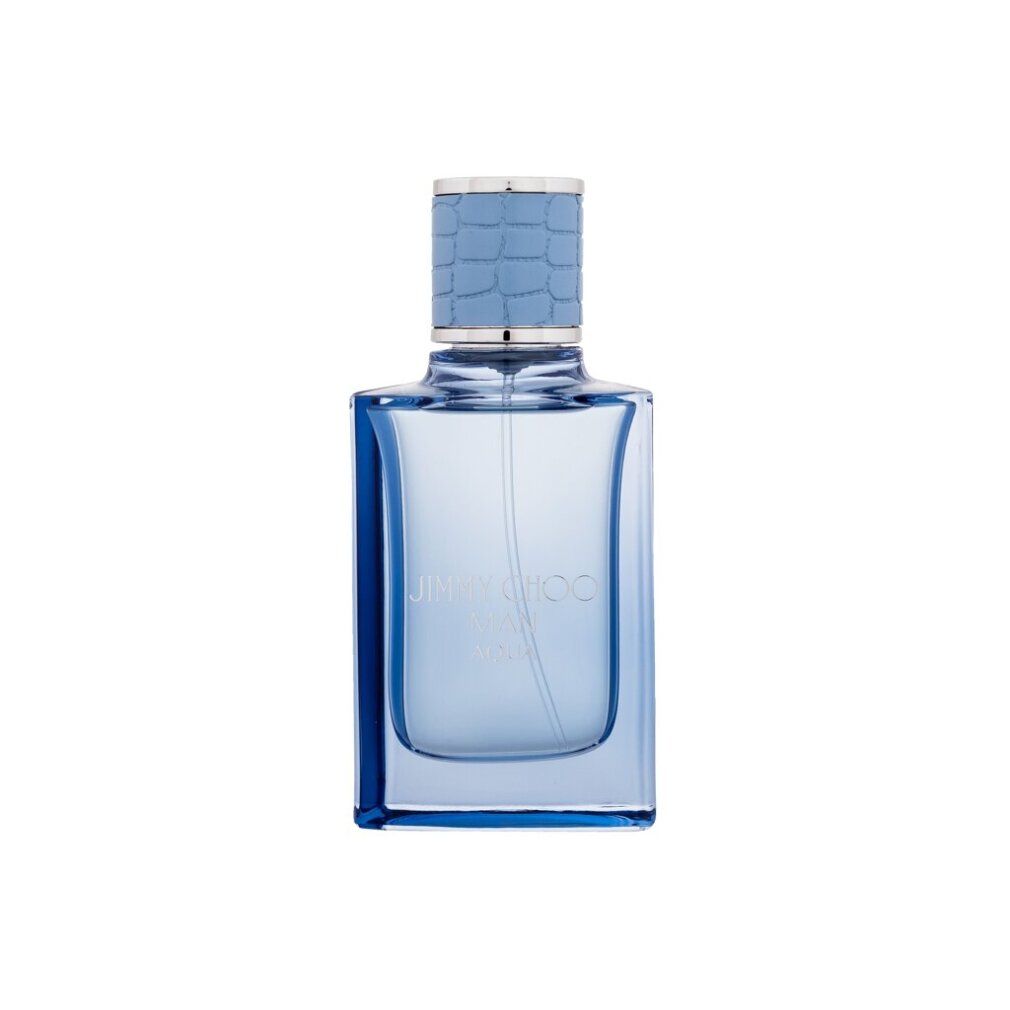 Hellblaues Eau de Toilette JIMMY CHOO MAN AQUA. Quadratischer Flakon mit silbernem Deckel und Logo.