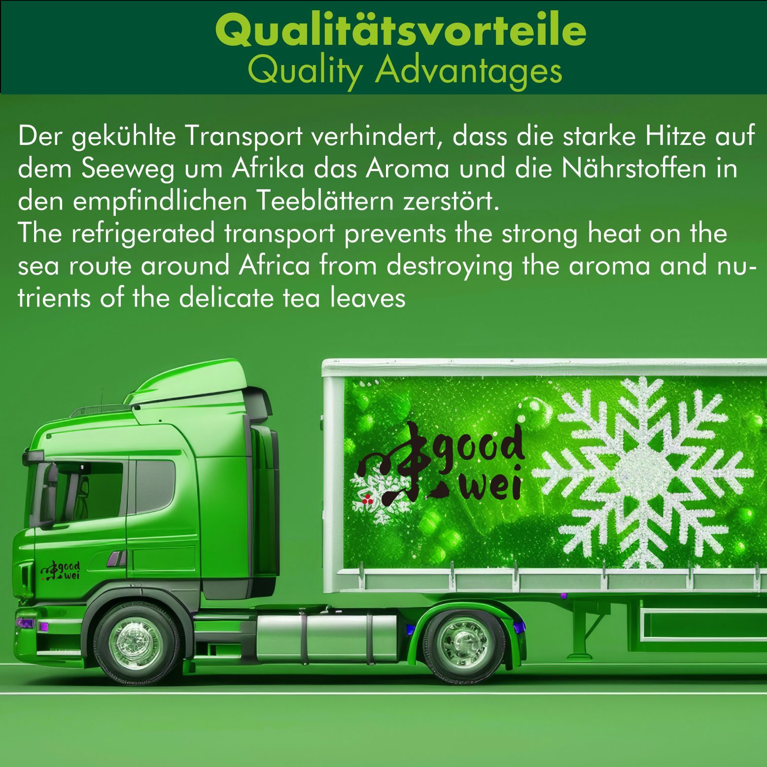 Grüner LKW mit Goodwei-Logo und Schneeflocke. Text: Qualitätsvorteile. Gekühlter Transport.