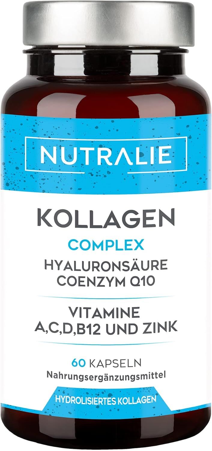 Braune Flasche mit blauem Etikett. Aufschrift: Nutralie Kollagen Complex, Hyaluronsäure, Coenzym Q10, Vitamine A, C, D, B12 und Zink. 60 Kapseln.