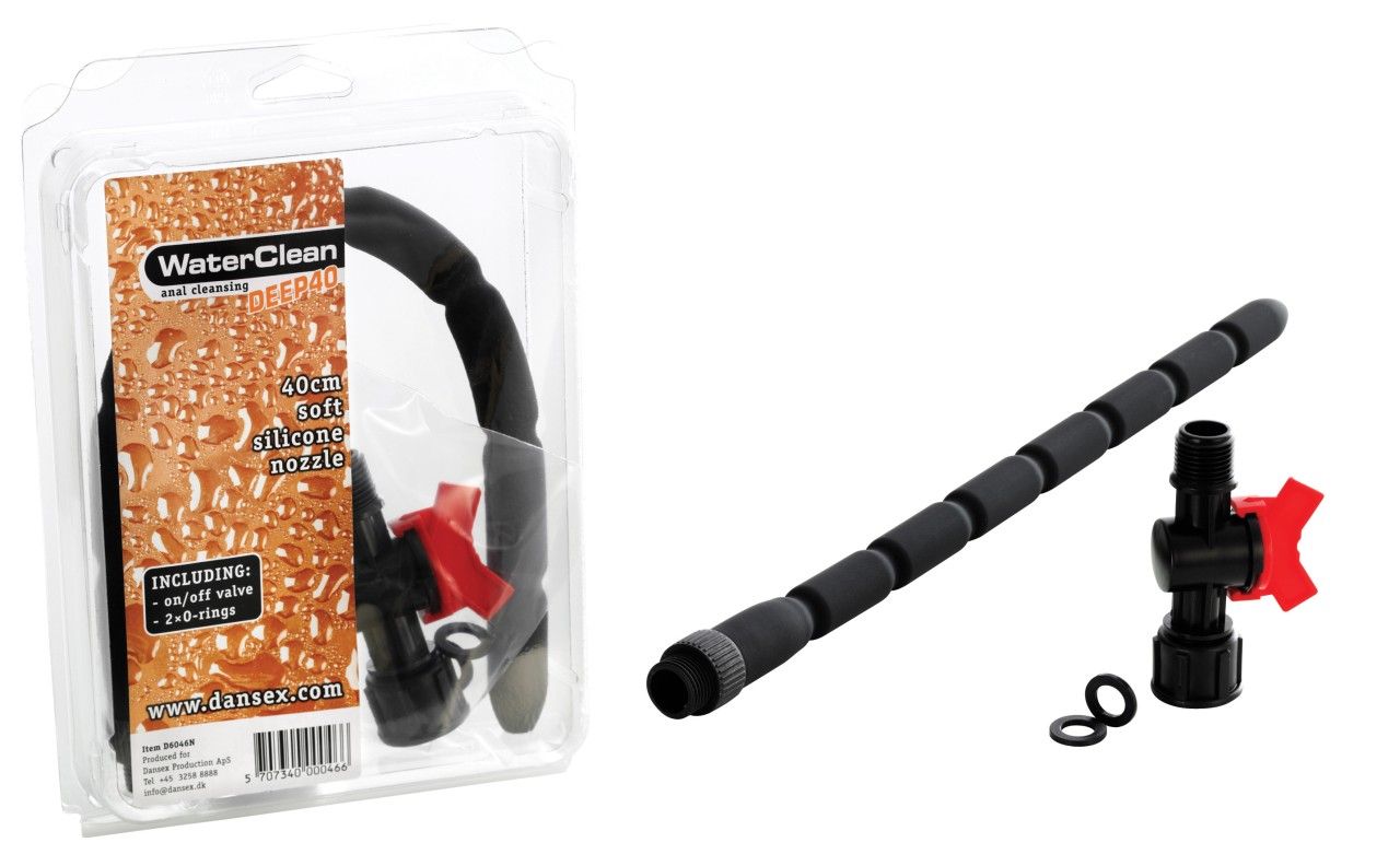 WaterClean Anal-Reinigung Deep 40 in transparenter Verpackung. Enthält Schlauch und Zubehör. Schwarzer Schlauch, rotes Ventil.