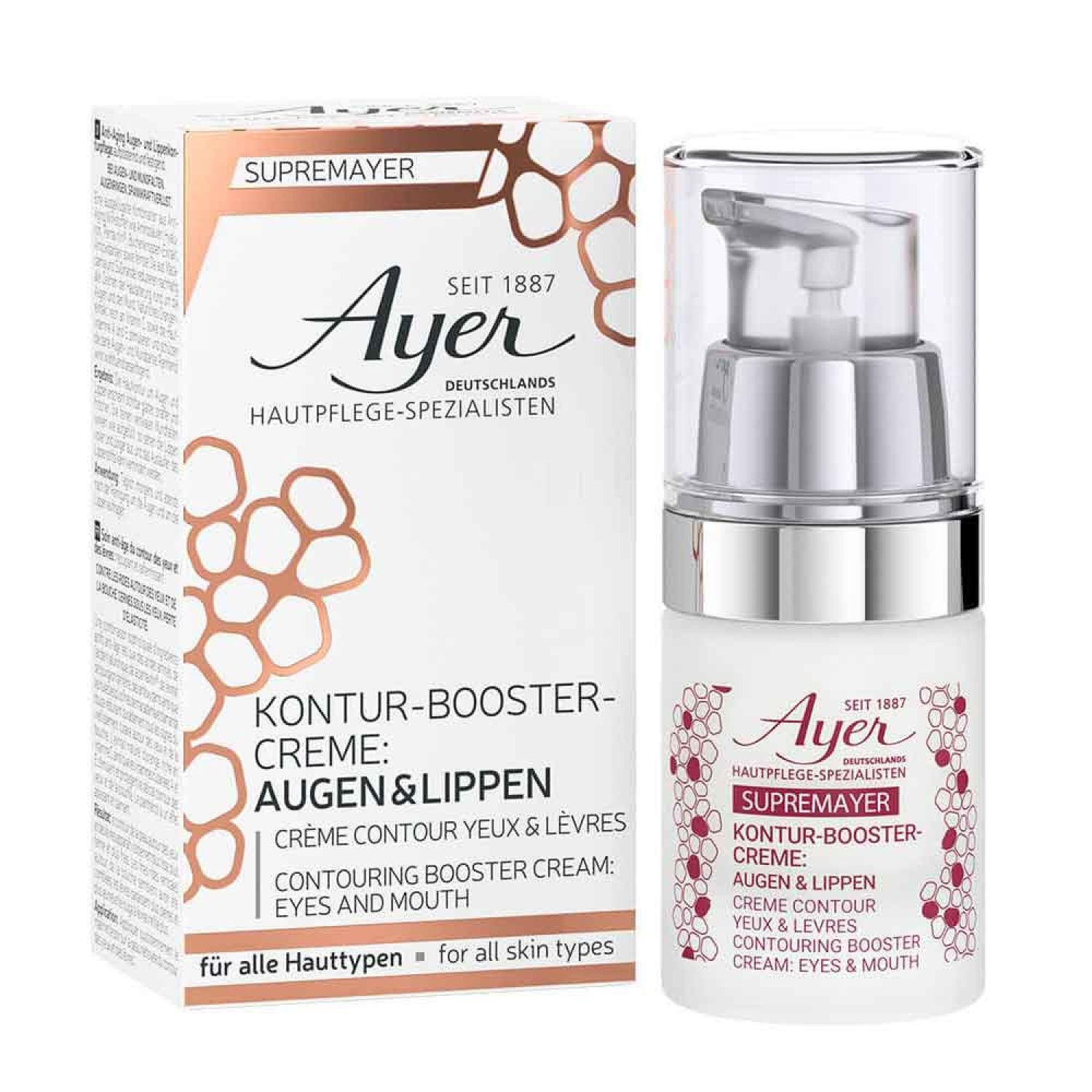 Creme-Flakon und Schachtel. Aufschrift: Ayer, SupremAyer, Kontur-Booster-Creme Augen & Lippen. Für alle Hauttypen.