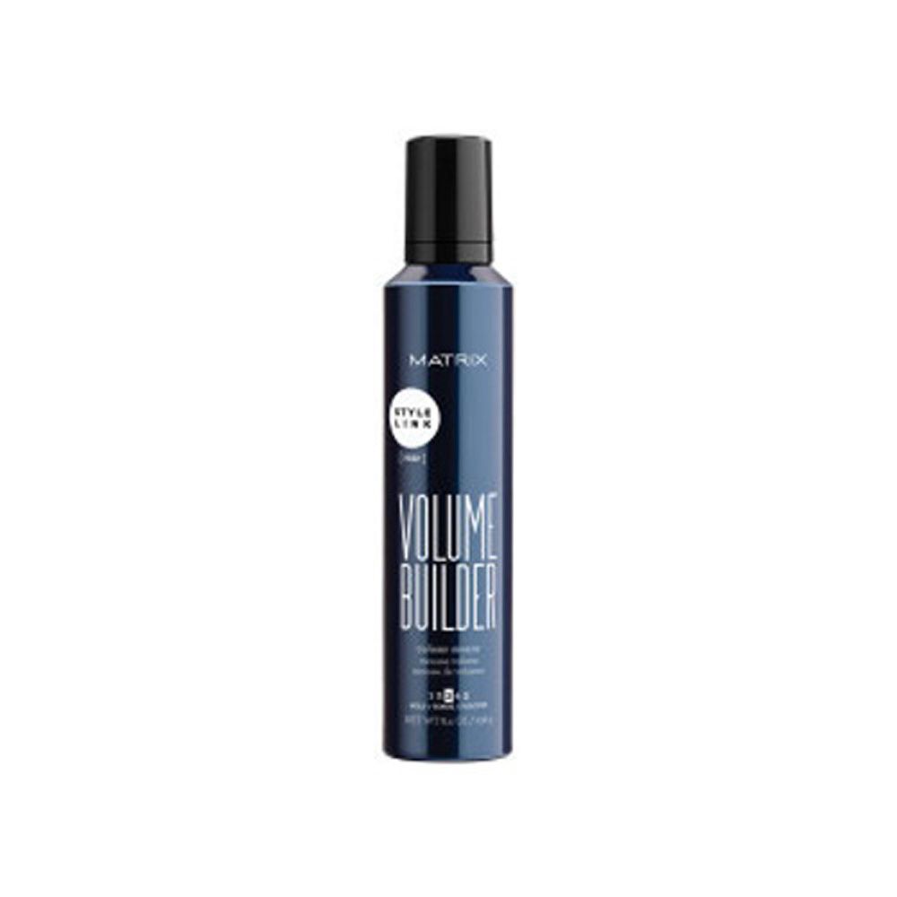 Blaue Flasche mit schwarzem Deckel. Aufschrift: MATRIX, STYLE LINK, VOLUME BUILDER. Produktname: Volumenschaum.