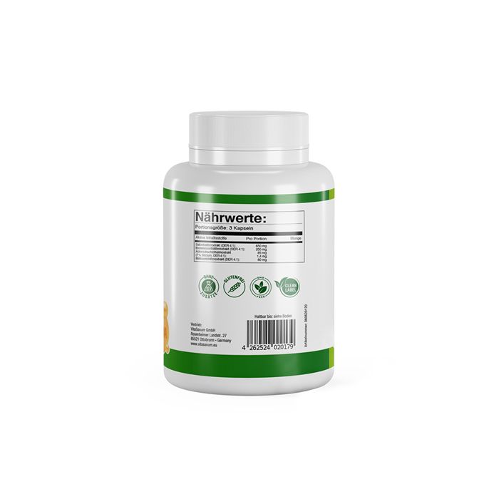 Rückseite der VitaSanum® Liora-Dose. Weißes Gefäß mit grünem Etikett. Nährwertangaben, Barcode und Logos.