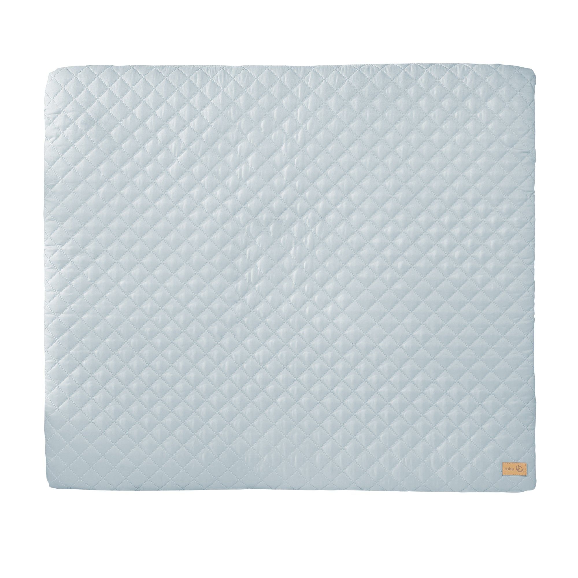 Hellblaue Wickelauflage mit Steppmuster. Eckiges Format. Kleines Label.