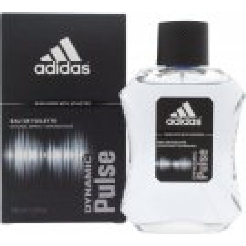 Flasche und Karton. Schwarzer Karton mit Adidas-Logo und Dynamic Pulse. Flasche mit schwarzem Verschluss.