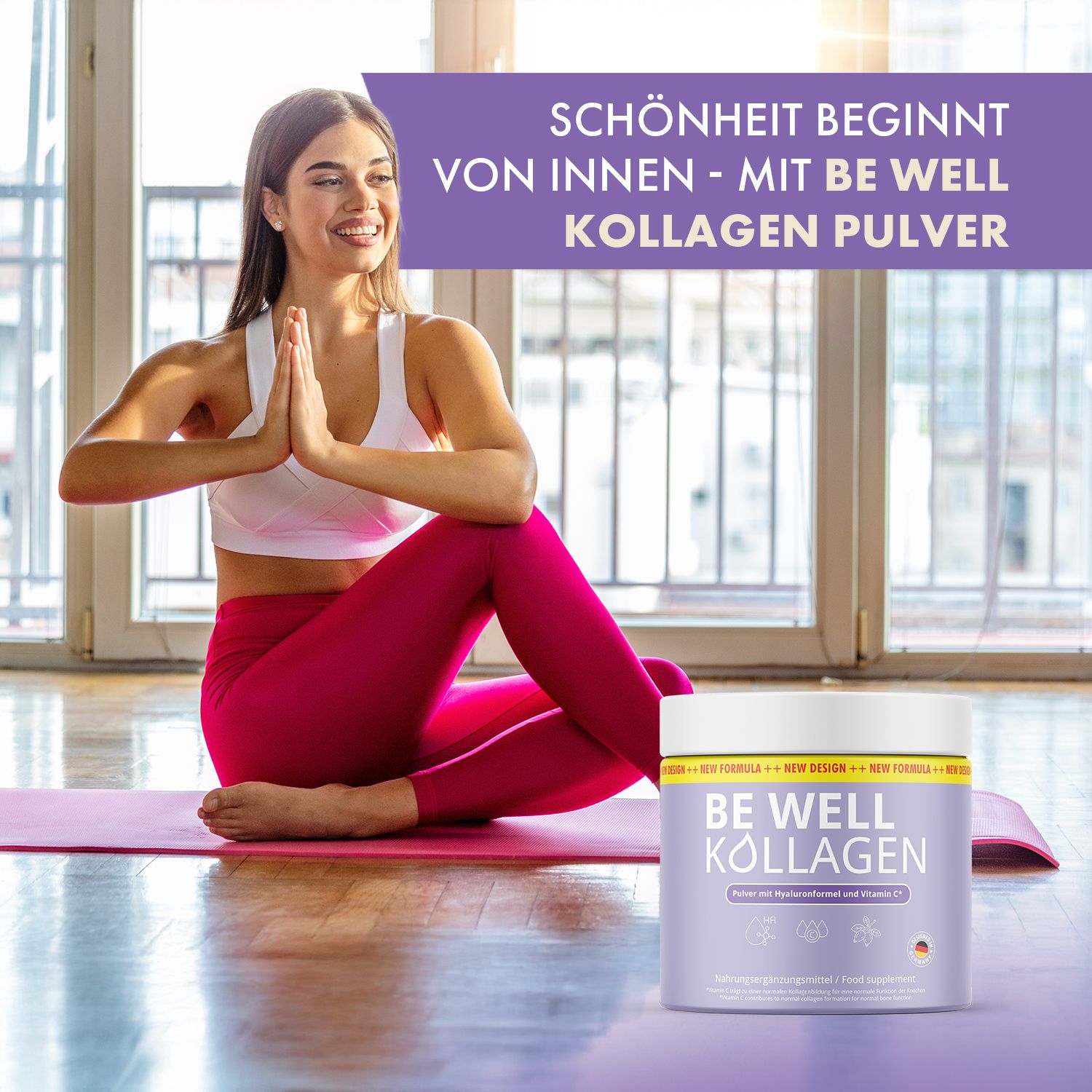 Frau sitzt auf einer Yogamatte mit BE WELL KOLLAGEN Pulver. Dose sichtbar. Text: Schönheit beginnt von innen.