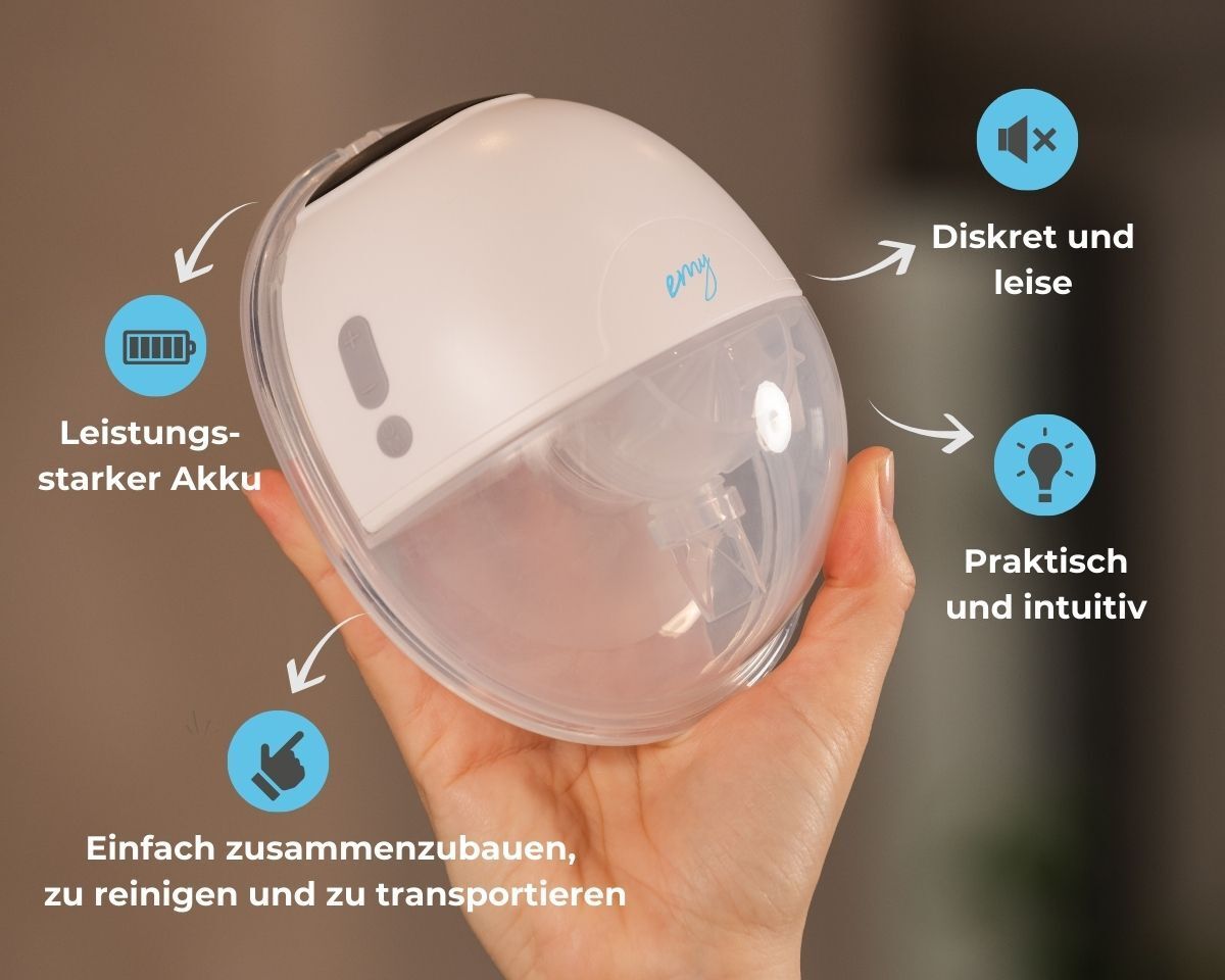 Emy Pump in Hand. Text: Leistungsstarker Akku, diskret und leise, einfach zusammenzubauen, zu reinigen und zu transportieren, praktisch und intuitiv.