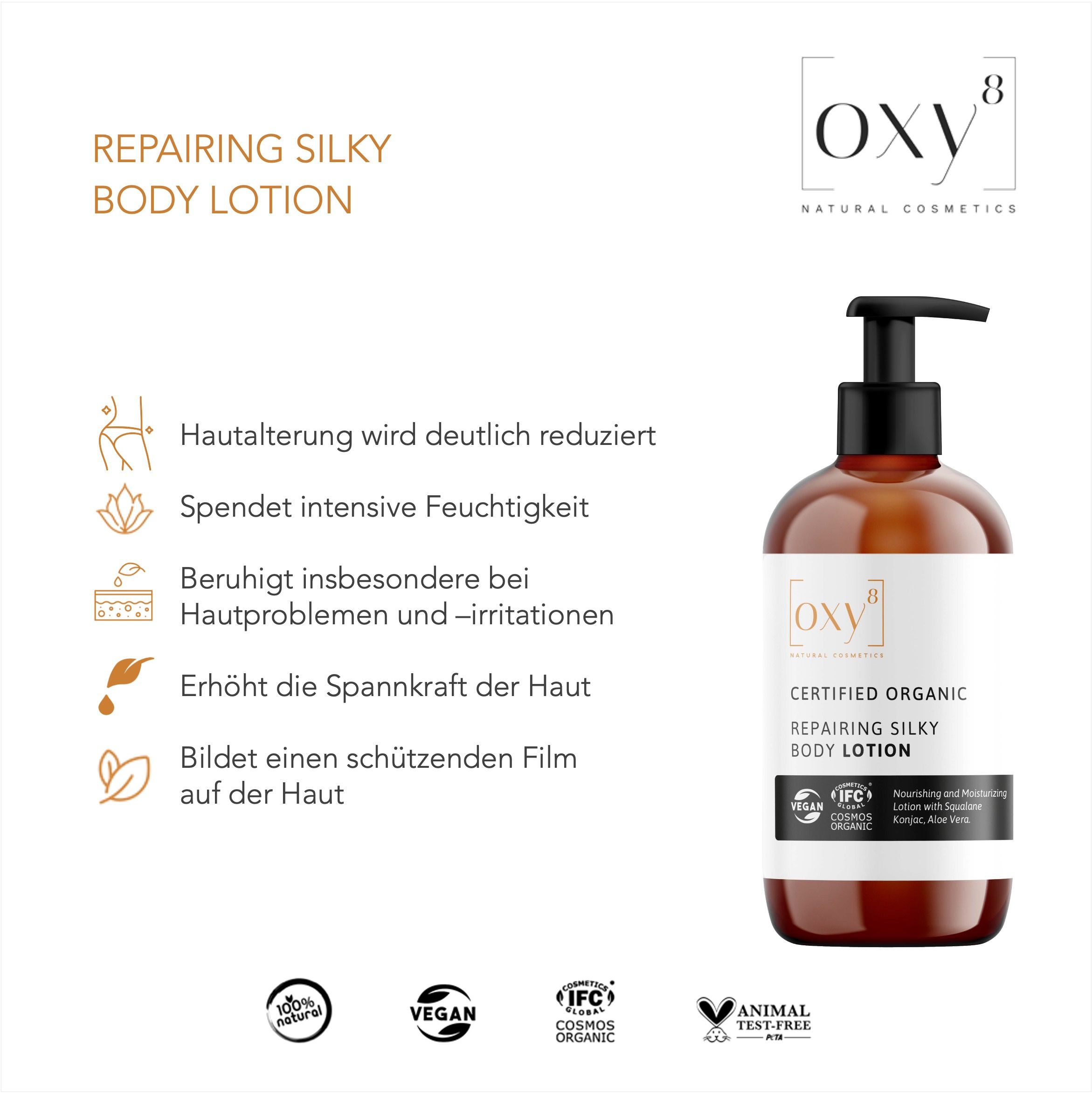 Flacone marrone con tappo a pompa nero. Scritta: Repairing Silky Body Lotion. Vegano, certificato IFC.
