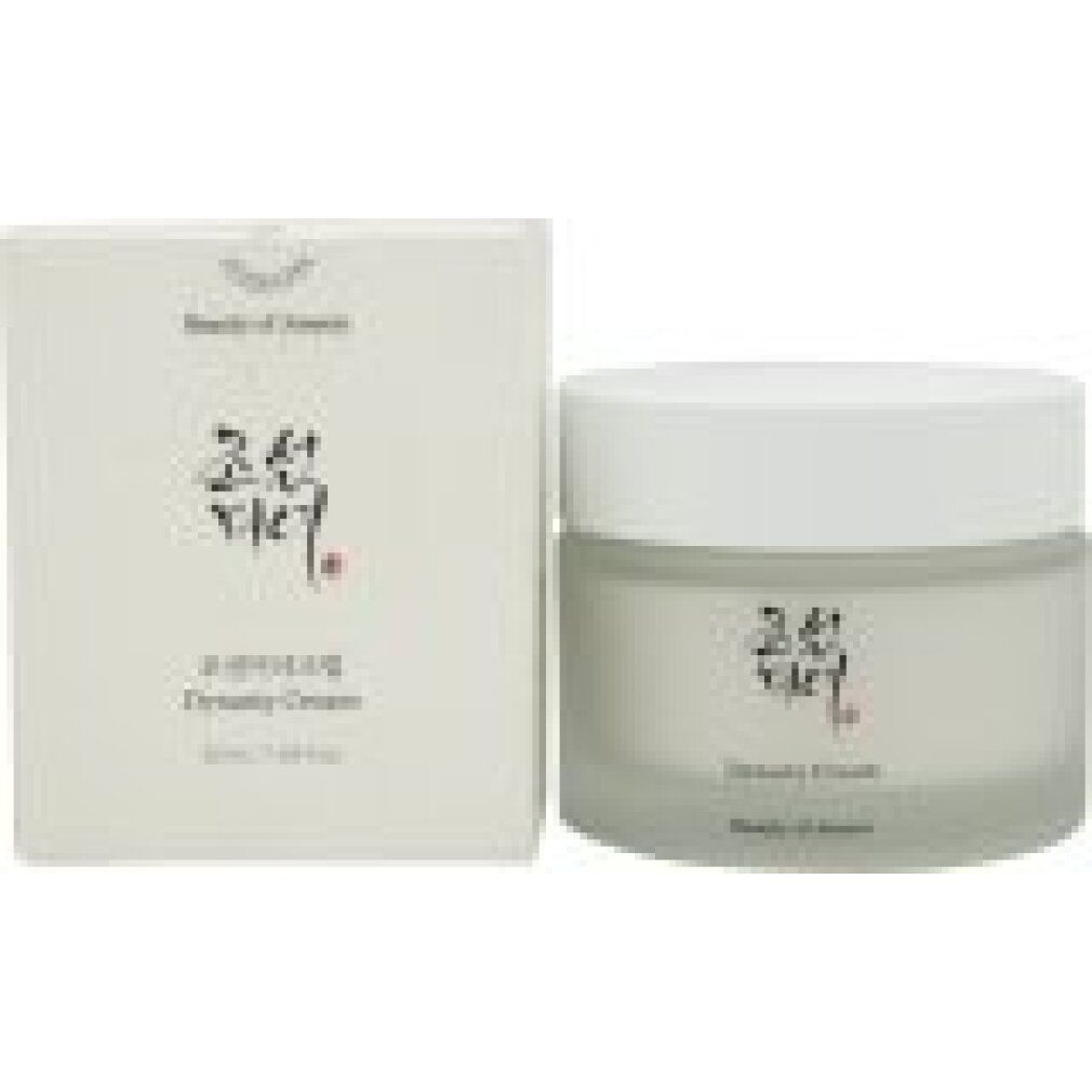 Creme-Glas und Verpackung. Aufschrift: Dynasty Cream. Markenlogo. Weißer Deckel. Produkt in einem Glasbehälter.