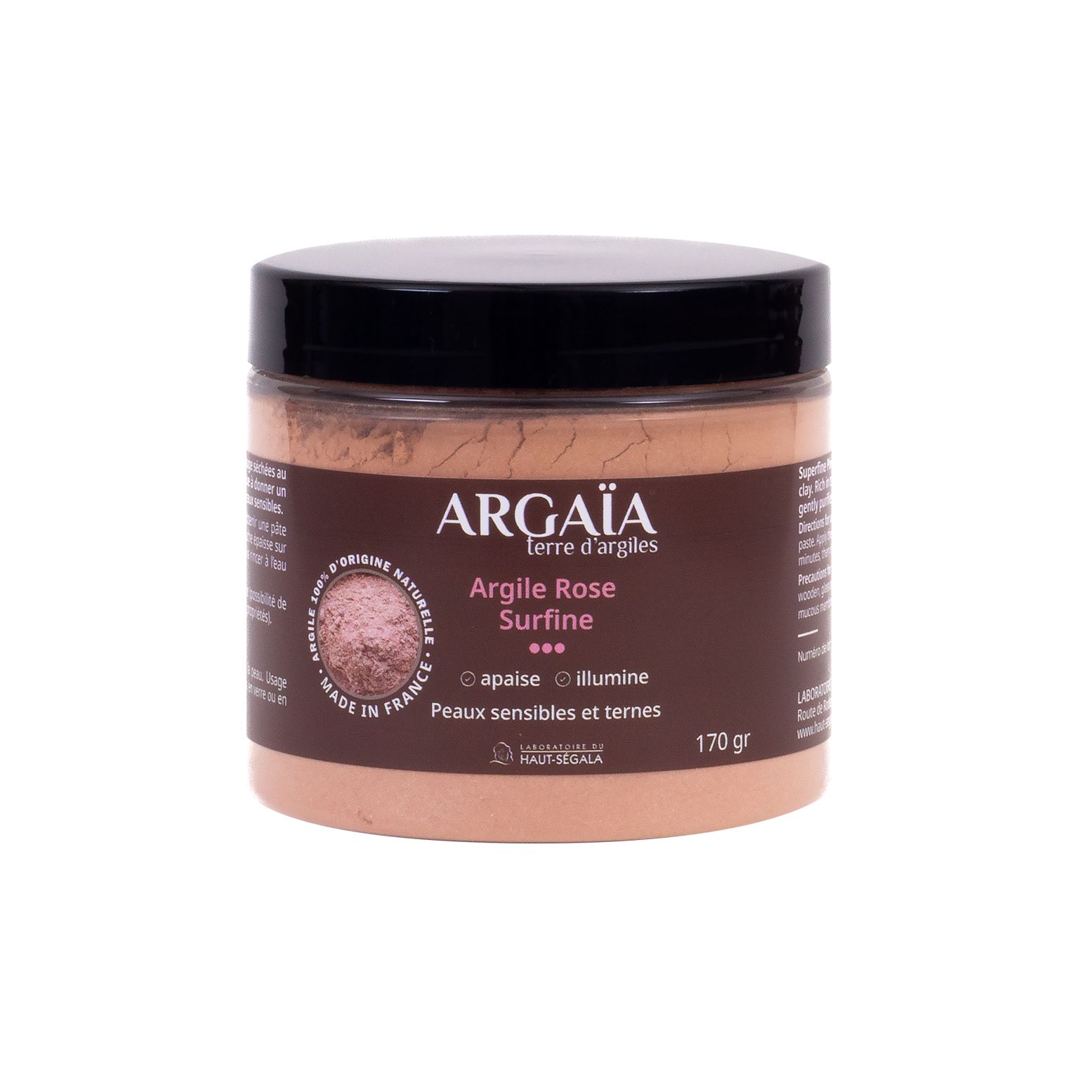 Behälter mit rosa Pulver. Aufschrift: Argaia, Argile Rose Surfine, 170 gr.