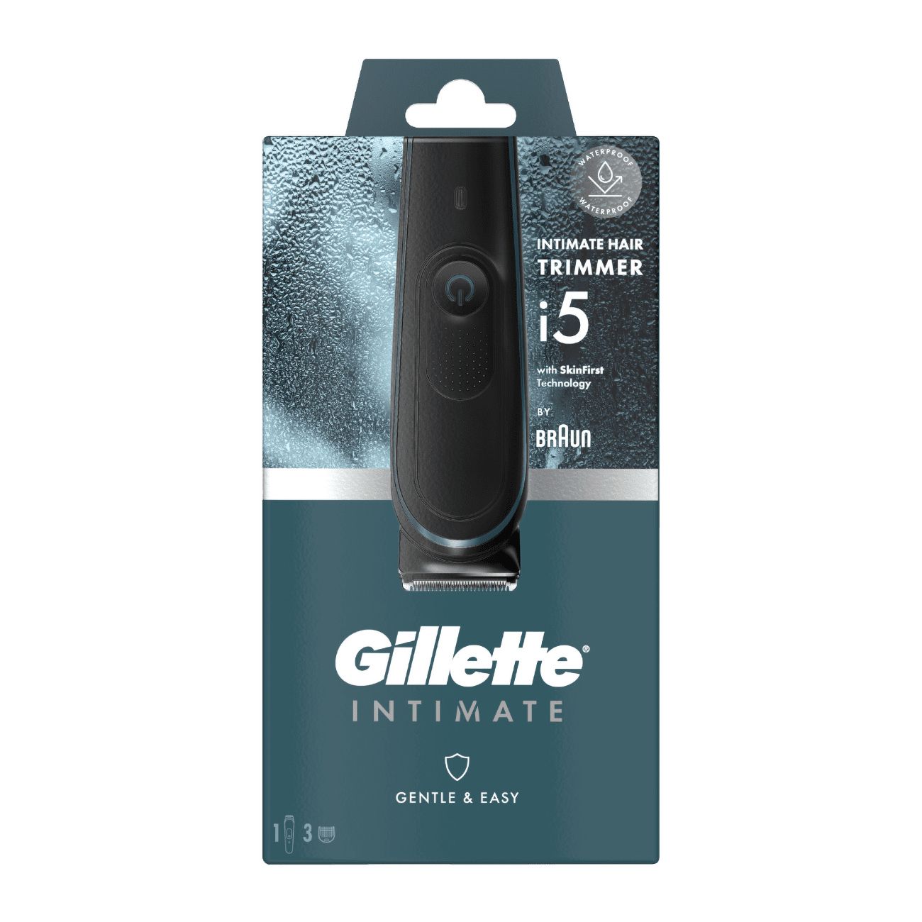 Schwarzer Trimmer in Verpackung. Text: Intimate Hair Trimmer i5. Gillette Intimate. Sanft & Einfach. Wasserdicht.