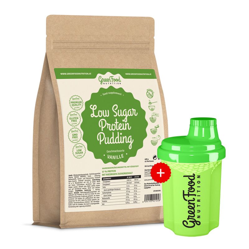 Beutel mit Low Sugar Protein Pudding und Shaker. Aufschrift: GreenFood Nutrition, Low Sugar Protein Pudding, Vanille. Shaker grün.