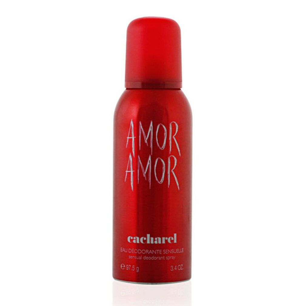 Rote Deodorant-Spraydose mit roter Kappe. Aufschrift "AMOR AMOR" und "cacharel". Text: "Eau Déodorante Sensuelle".