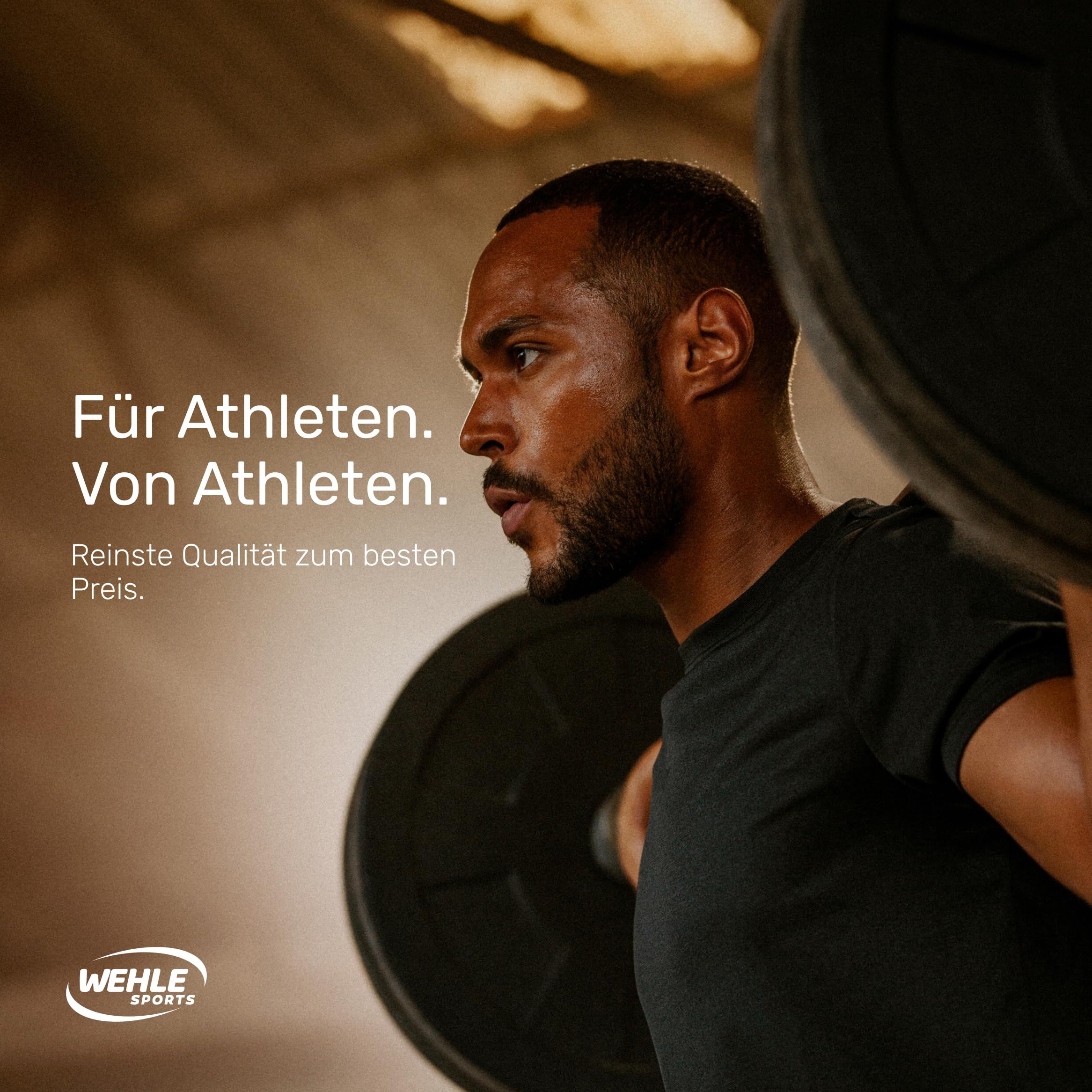 Athlet hebt Gewichte. Aufschrift: Für Athleten. Von Athleten. Wehle Sports Logo.